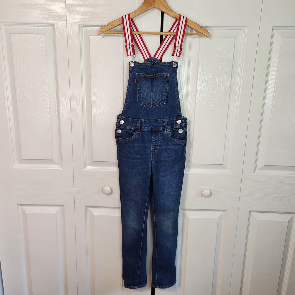 Levis Girls Blue Denim Overalls Red White Striped Straps Size 10 Regular Bibs